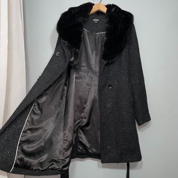 Black Metallic Sparkle Belt Jacket Size 12 Tweed Coat Faux Fur Collar Whimsigoth - Picture 5 of 16